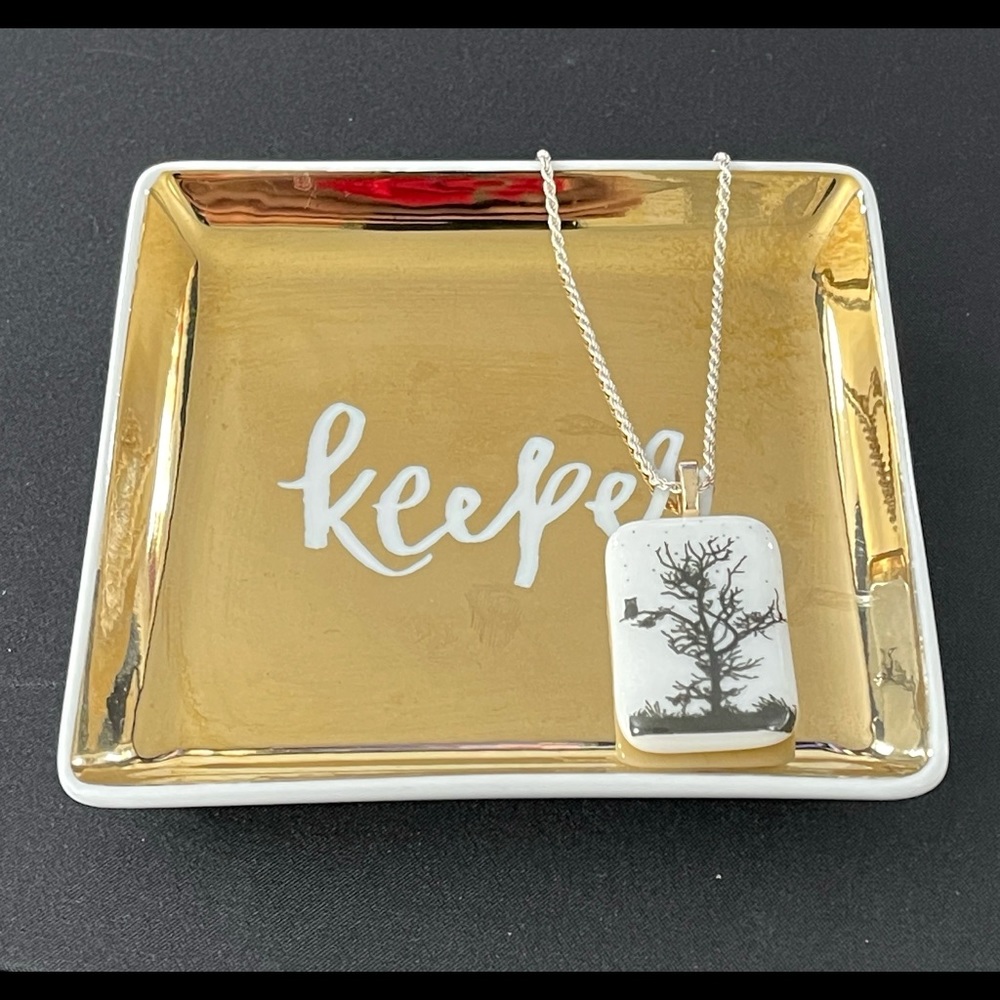 Fused Glass Pendant with Image of Tree with Owl Black and White